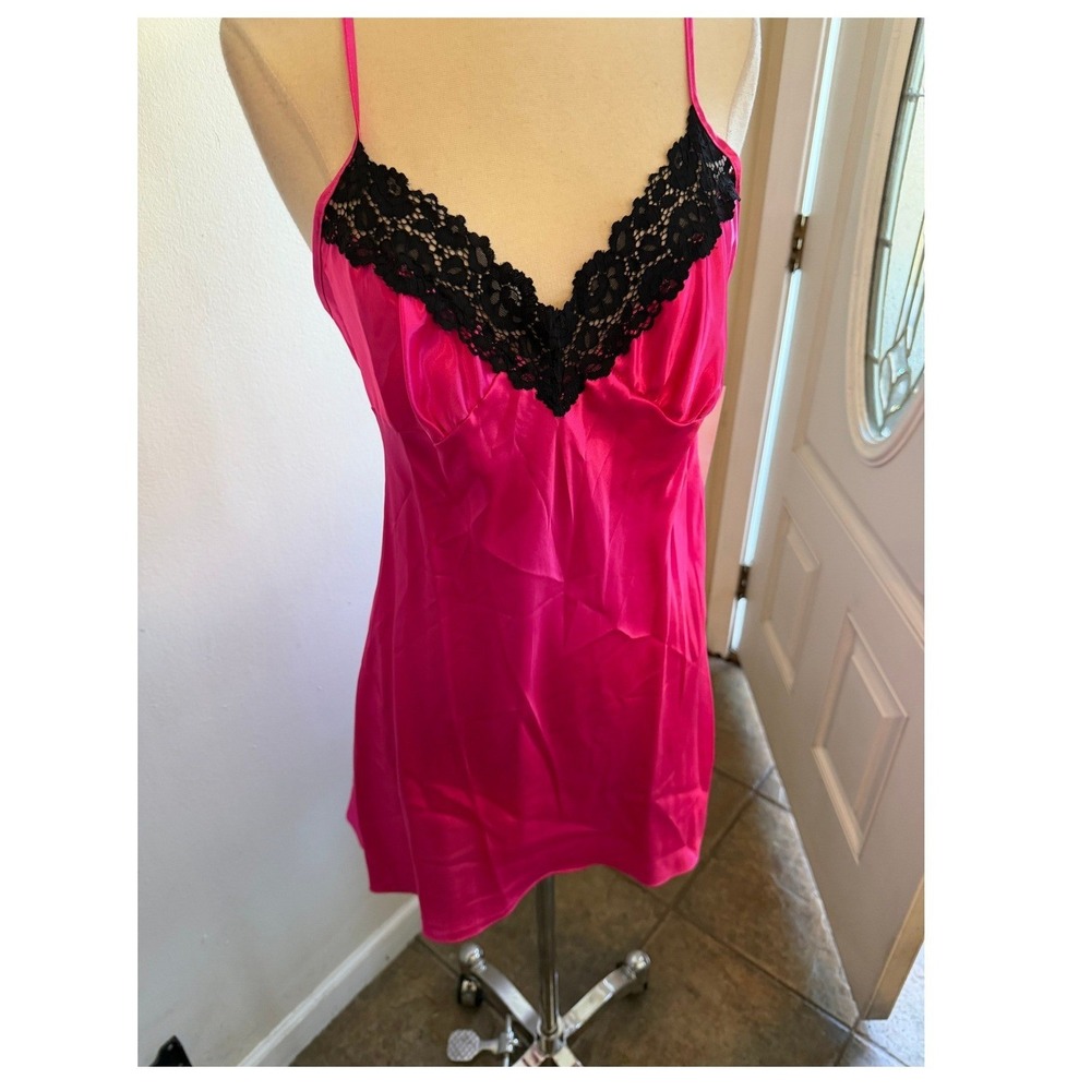 Hot Pink‎ Satin Lace Trim Chemise Nightgown Cross Back Slip Dress Lingerie